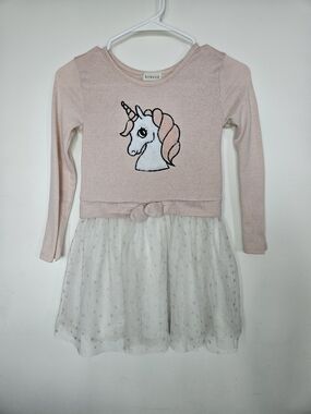 Btween Girls Pink Unicorn Long Sleeve Tutu Dress Size L 10/12 Sparkly Tulle🩷
